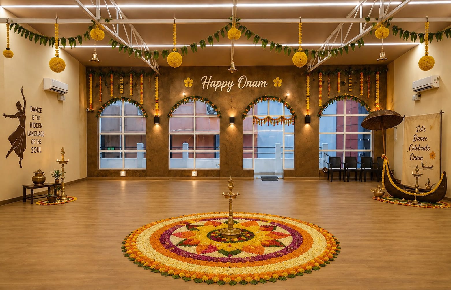 Onam at the studio — pookalam on the floor